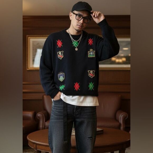 Large Vintage #90s #CHAUS Sweater #Preppy Knit Navy Crest Argyle Coat of Arms Em - Picture 1 of 11